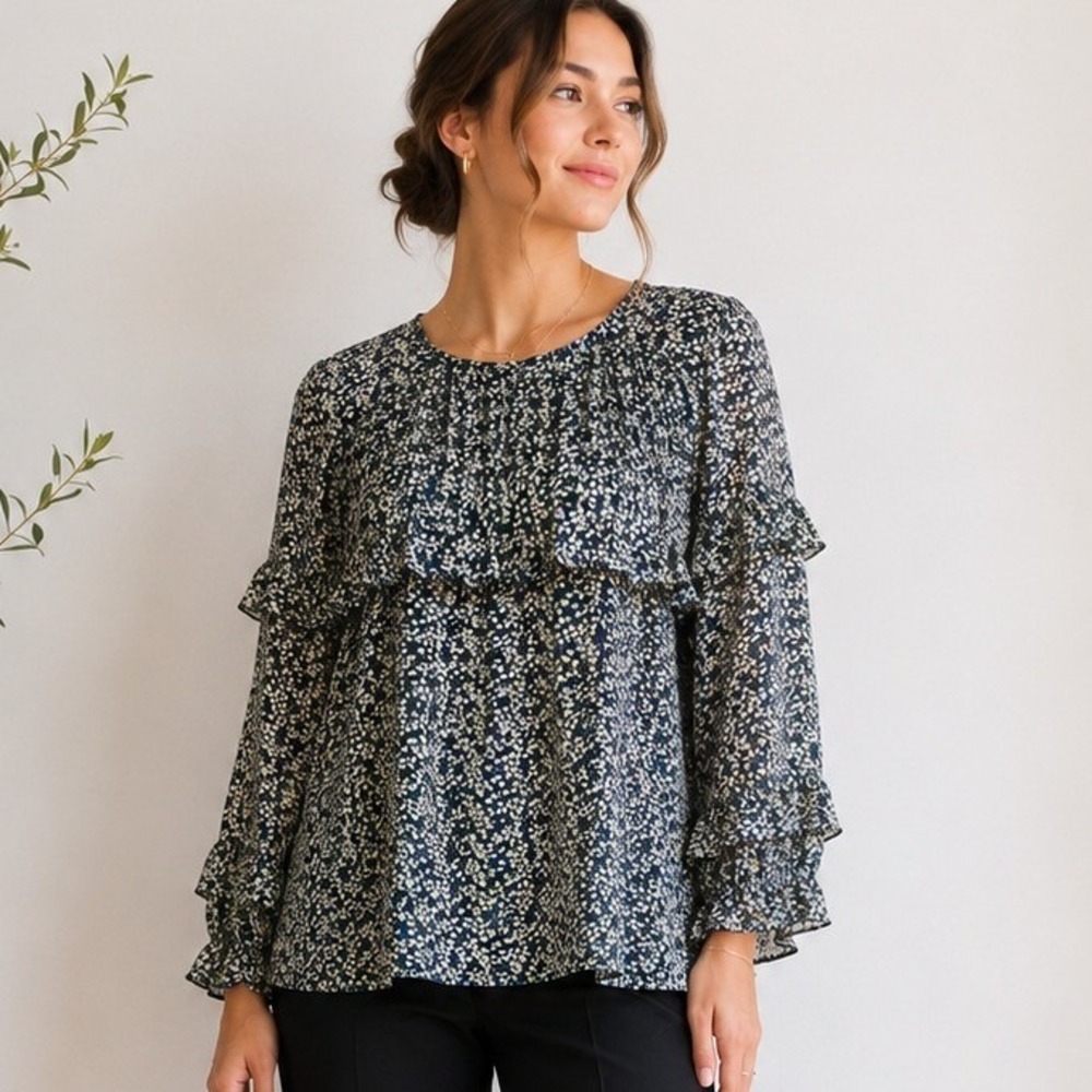 Anthropologie Sunday in Brooklyn Floral Blue Green Ruffle Blouse Top Size‎ M